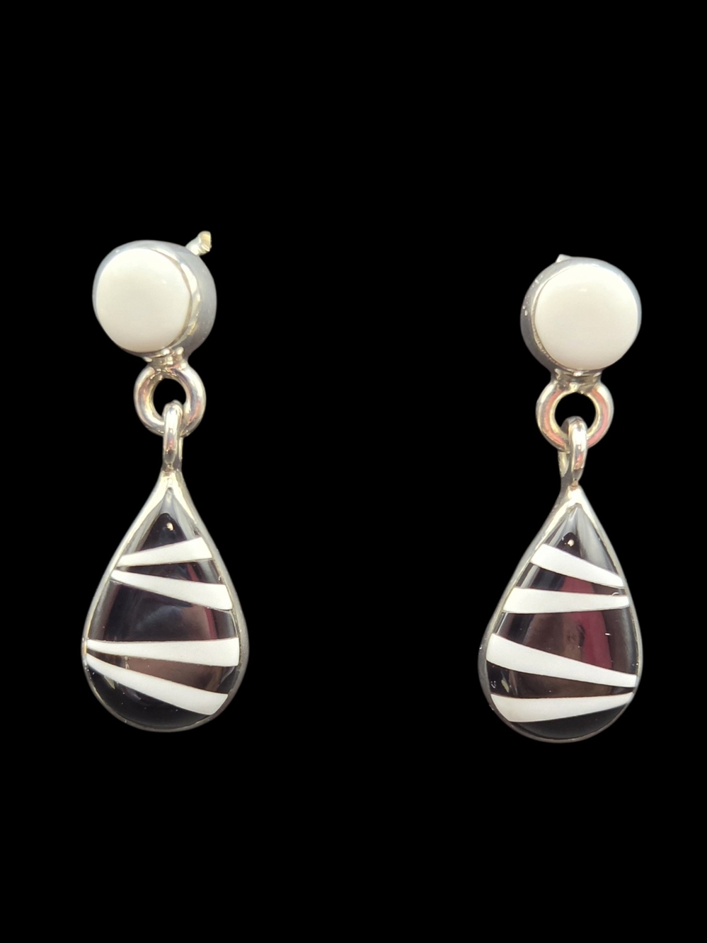 White Howlite Black Onyx Teardrop Dangle Earrings - Sterling